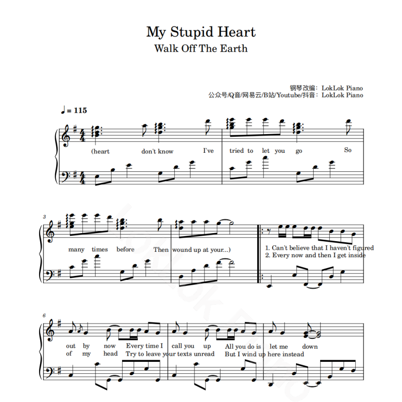 My Stupid Heart 钢琴谱 五线谱