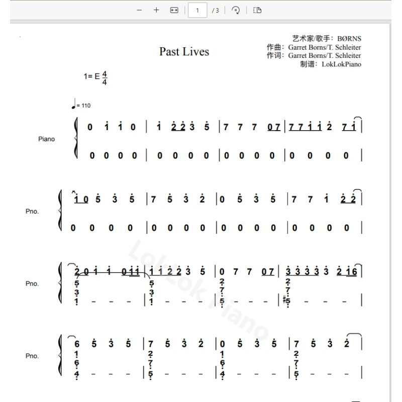 Past Lives 钢琴谱 数字简谱 钢琴简谱