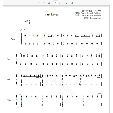 Past Lives 钢琴谱 数字简谱 钢琴简谱