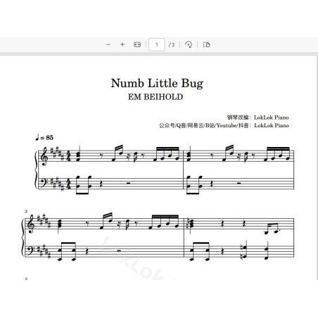 Numb Little Bug - Em Beihold 钢琴谱 五线谱