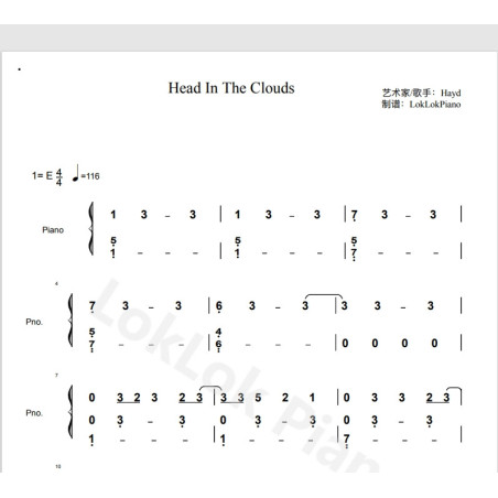 Head In The Clouds Piano Score Digital Score